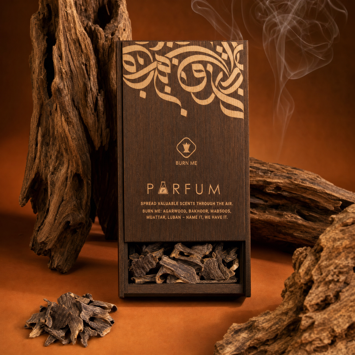 King Oud (Vietnam) agarwood pieces in the PARFUM Burn Me wooden gift box