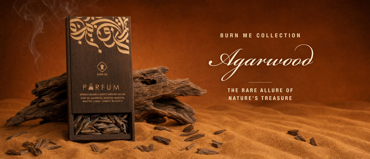 Agarwood - Burn Me collection: PARFUM wooden oud box in sand with agarwood chips