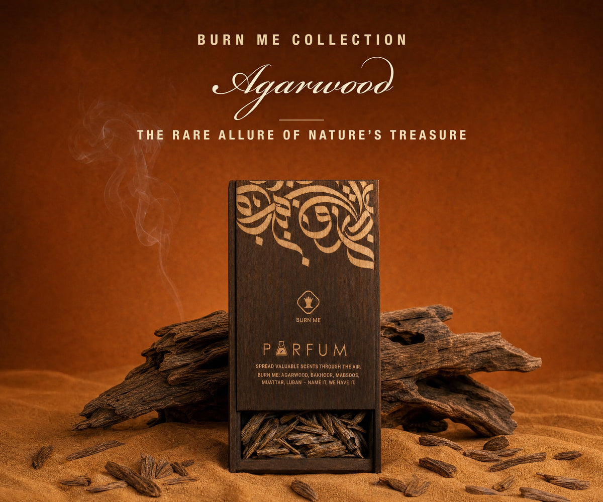Agarwood - Burn Me collection: PARFUM wooden oud box in sand with agarwood chips