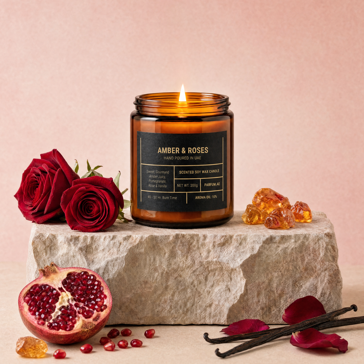 Amber & Roses scented soy wax candle, lit, on travertine stone with red roses, amber resin, pomegranate and vanilla