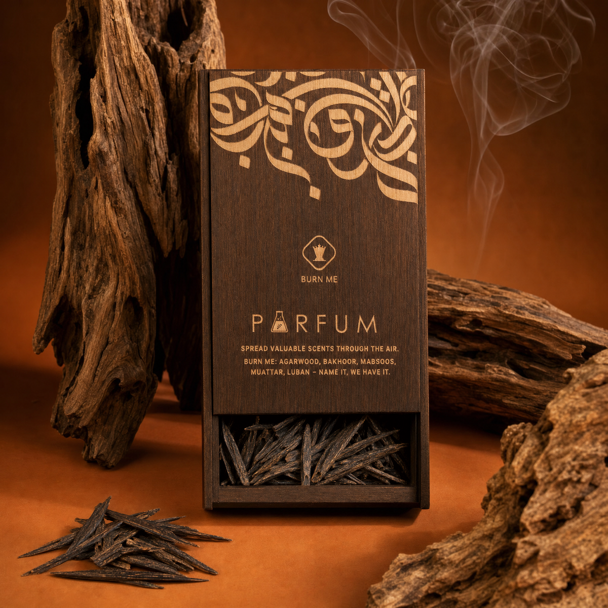 Hindi Sallah High (India) agarwood slivers in the PARFUM Burn Me wooden gift box