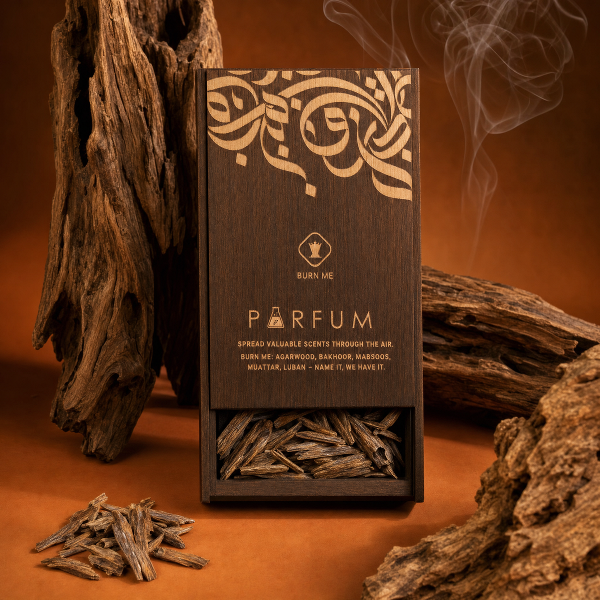 Oud Hindi Digga (India) agarwood chips in the PARFUM Burn Me wooden gift box