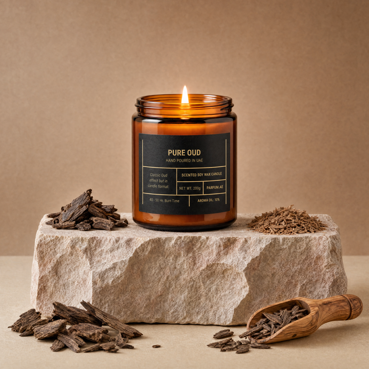 Pure Oud scented soy wax candle, lit, on travertine stone with agarwood (oud) chips