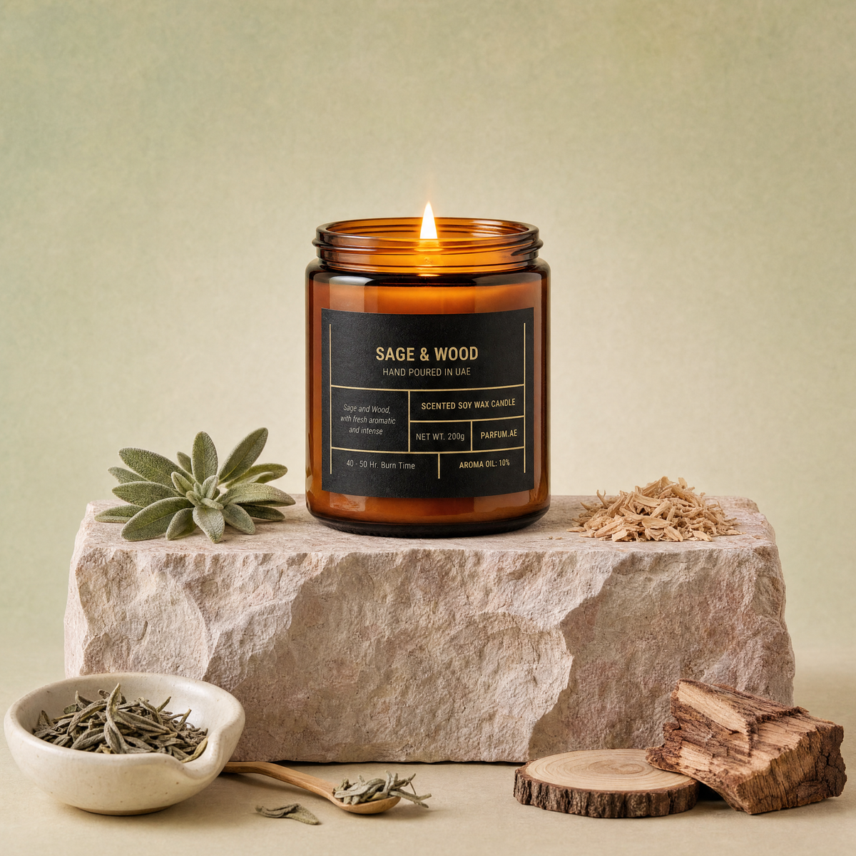Sage & Wood scented soy wax candle, lit, on travertine stone with fresh sage and cedar wood
